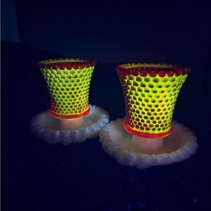 Hazel Atlas Glass DAISY Line Milk White Candlestick Candle Holders Set of 2